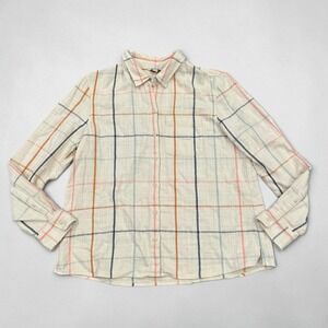 LL Bean Signature Cotton Plaid Button Down Shirt Cream Pastel XL Womens